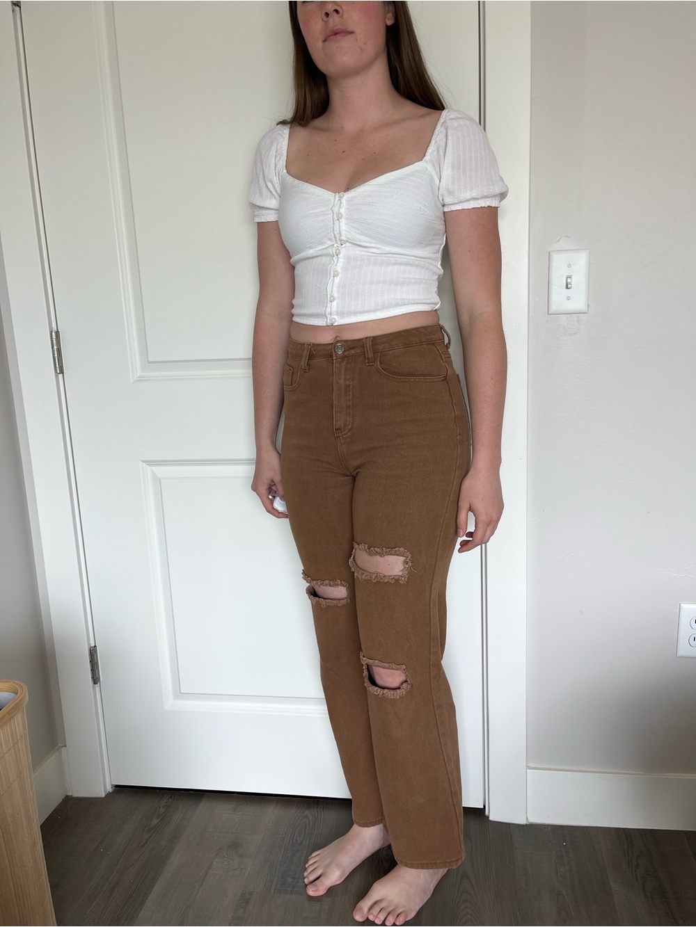 SHEIN Brown High-Rise Ripped Straight Leg Jeans